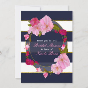 Invitation Fête Florale Moderne Chic Bleu Blanc et Or