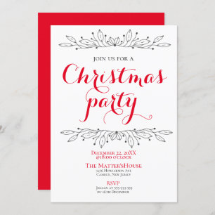 Invitation Fête Florale Noël Rouge Grey Party Minimal
