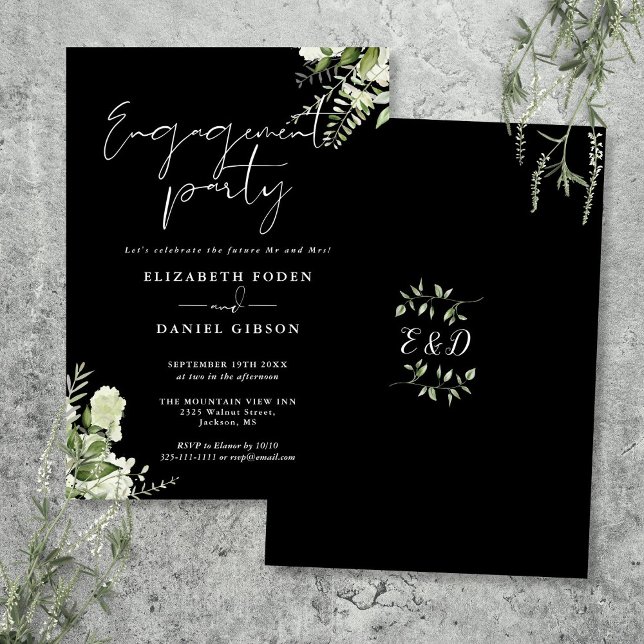 Invitation Fête Florale Noir Et Blanc (Floral Black And White Engagement Party Invitation)