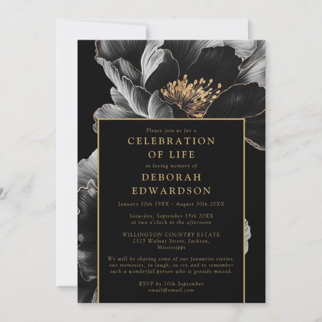 Invitation Fête Florale Noire Et Or Élégante De La Vie (Devant)