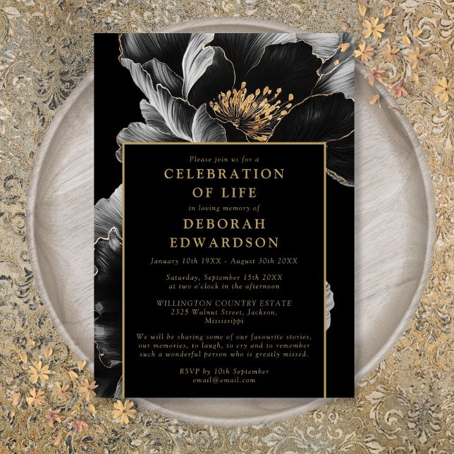 Invitation Fête Florale Noire Et Or Élégante De La Vie (Black And Gold Elegant Floral Celebration Of Life Invitation)