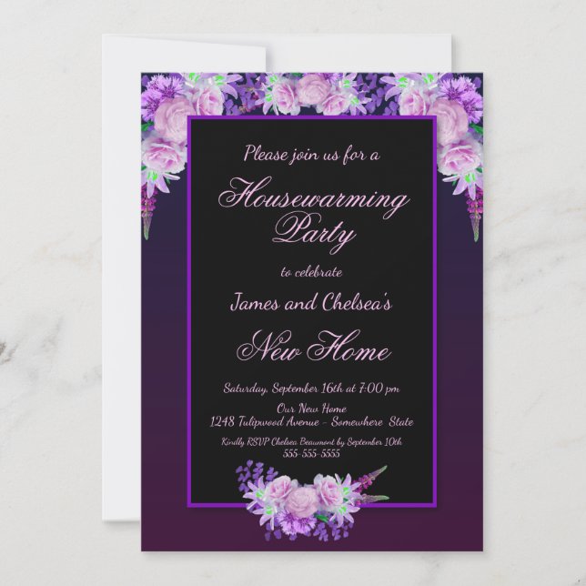 Invitation Fête Florale noire et violette (Devant)