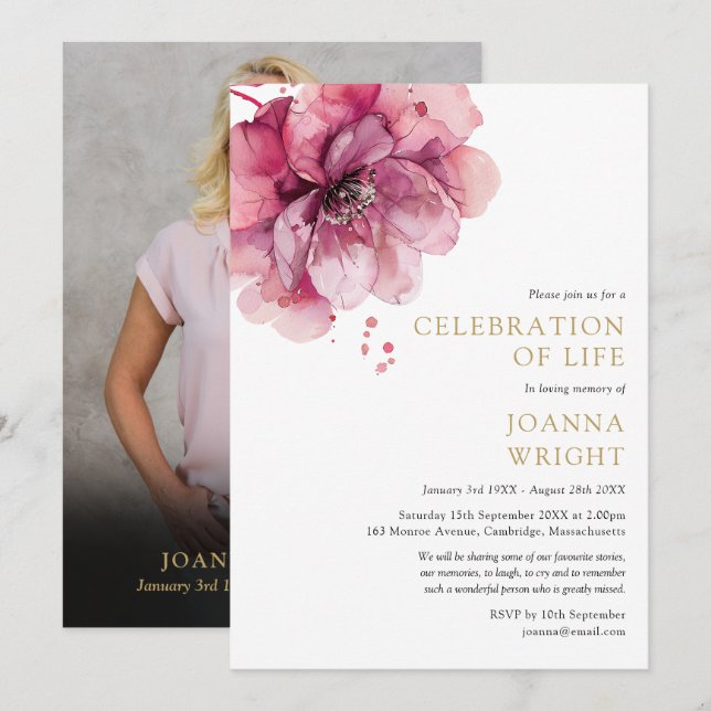 Invitation Fête Florale Rose De La Vie Funéraire Photo (Devant / Derrière)