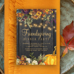 Invitation Fête friendsgiving florale marron rustique en bois