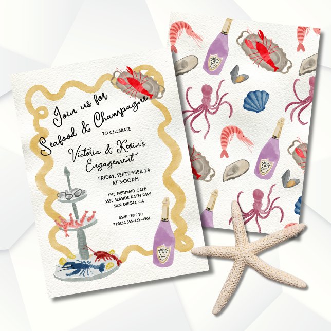 Invitation Fête Fruits de Mer & Champagne Cadre ondulé dessin (Créateur téléchargé)
