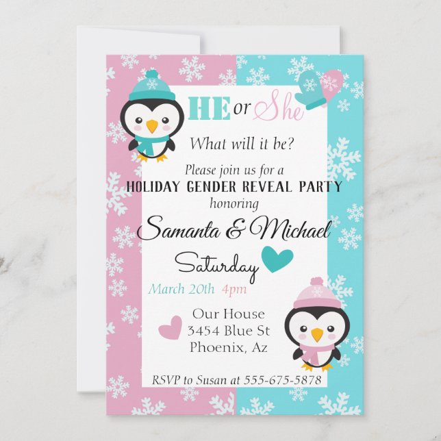 Invitation Fête Genre Bébé Reveal Party Pingouin Flocon de ne (Devant)