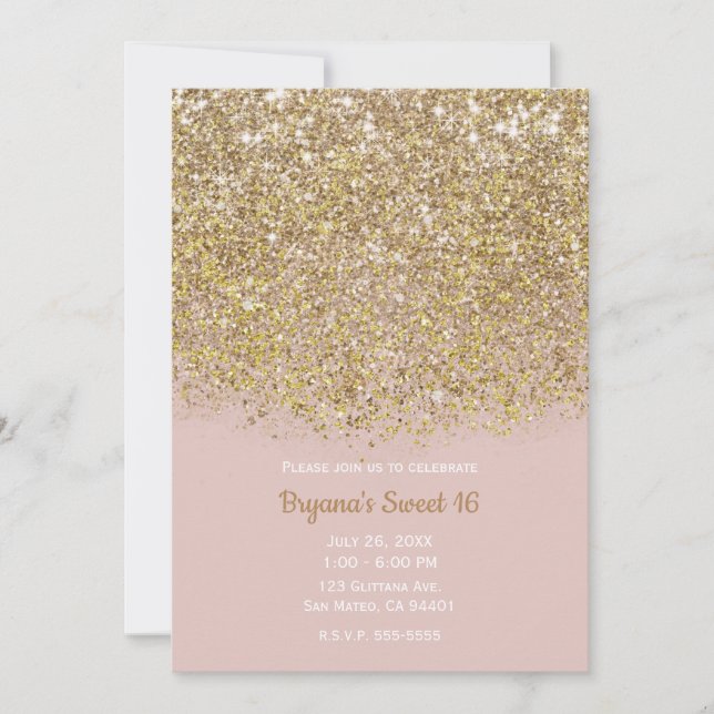 Invitation Fête Glam Chic Moderne Paillettes Rose & Or (Devant)