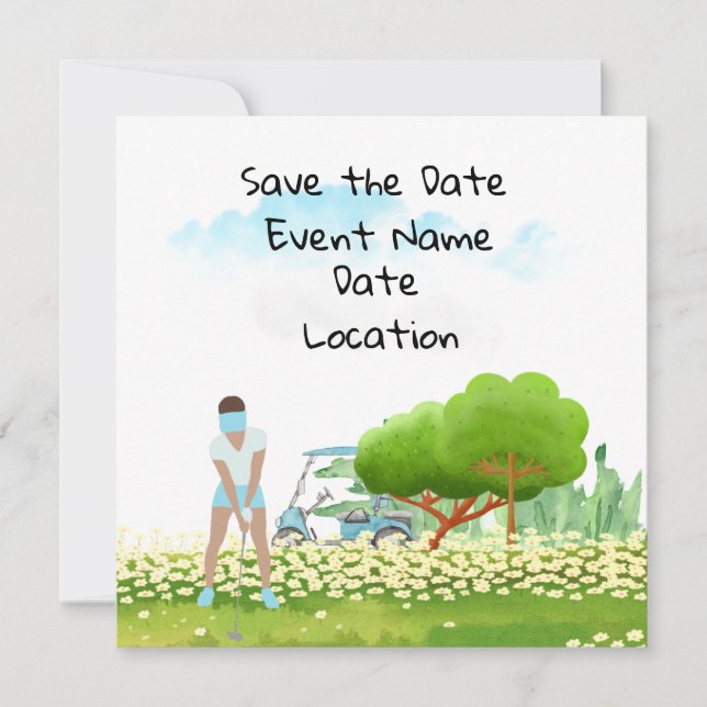 Invitation Fête Golf Save the Date pour femme golfeuse  (Devant)