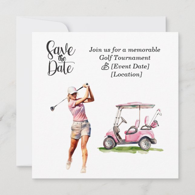 Invitation Fête Golf Save the Date pour femme golfeuse party (Devant)