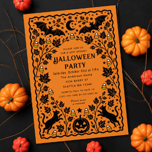 Invitation Fête Halloween de folk art effrayant Orange Chauve