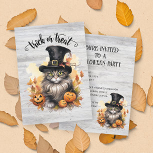 Invitation Fête Halloween personnalisée chat vintage rustique