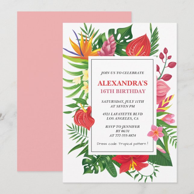 Invitation Fête Hibiscus à thème hawaïen 16e anniversaire (Devant / Derrière)