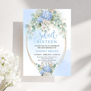 Invitation Fête imprimable Bleu Floral Or Sweet Sixteen