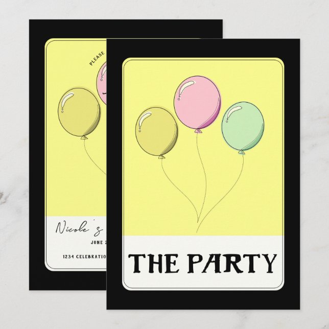 Invitation FÊTE Jaune Tarot Style Ballons d'anniversaire (Devant / Derrière)