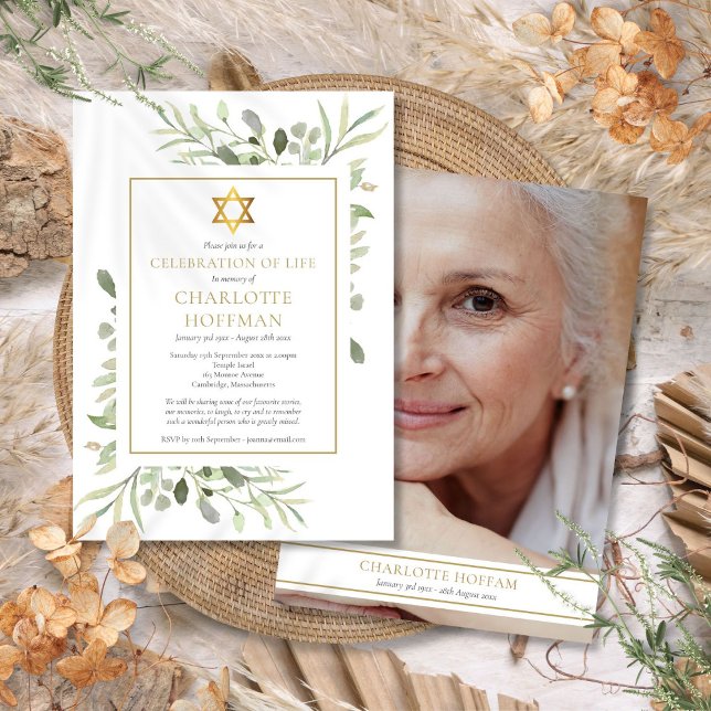 Invitation Fête juive de la vie Funéraire de la verdure Photo (Jewish Celebration of Life Funeral Greenery Photo Invitation)