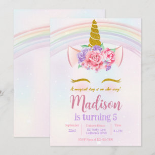 Invitation Fête Licorne Arc-en-Ciel Floral Or Rose Violet 