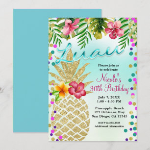Invitation Fête Luau à l'ananas doré et aux feuilles tropical