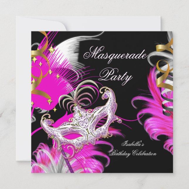 Invitation Fête Mascarade Anniversaire Hot Rose Mask Plumes (Devant)