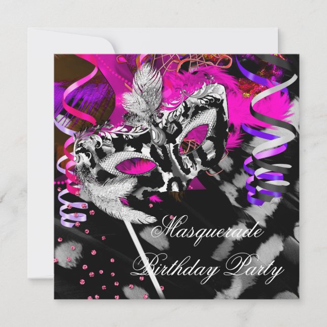 Invitation Fête Mascarade Anniversaire Noir Argent Rose (Devant)