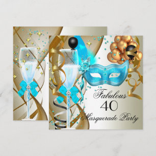 Invitation Fête Mascarade Crème de Or Turquoise Noir Fabuleus