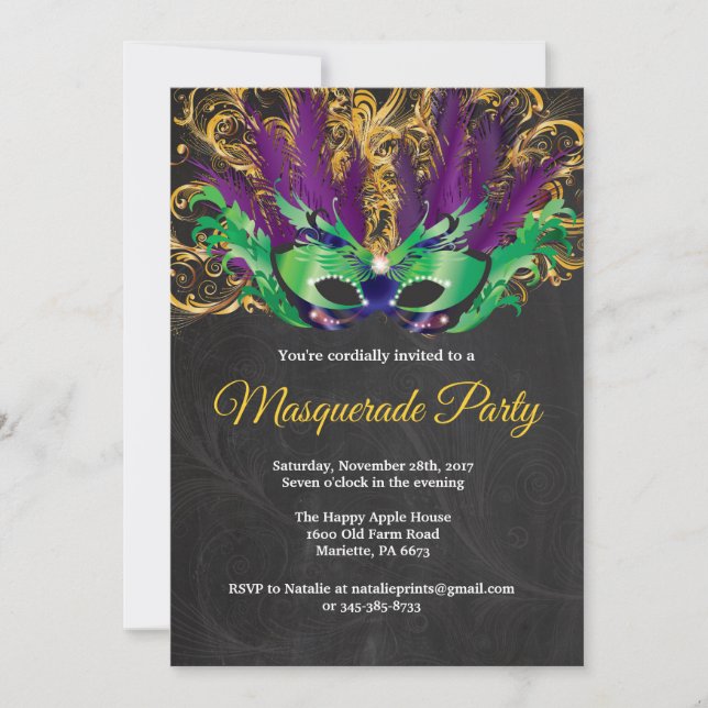 Invitation Fête Mascarade Magique Nuit Verte Purple Or (Devant)