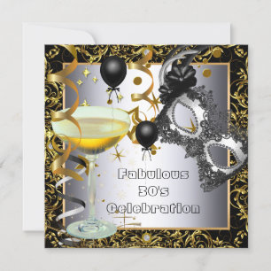 Invitation Fête Mascarade Merveilleuse 30ème Argent Or Noir