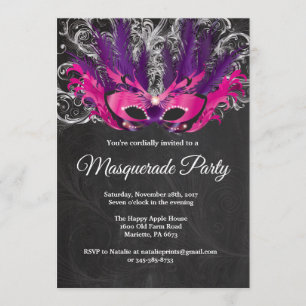 Invitation Fête Mascarade Nuit Magique Rose violet argent