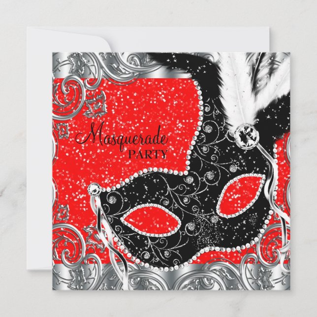 Invitation Fête Mascarade rouge et noir argent et masque (Devant)