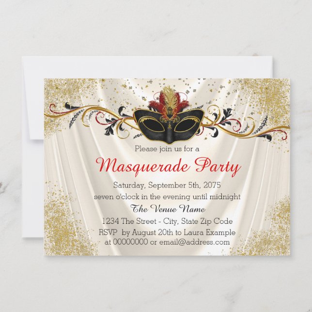 Invitation Fête mascarade rouge et or (Dos)