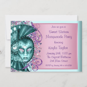 Invitation Fête Mascarade Sweet Sixteen Bleu Turquoise Rose
