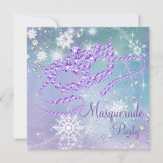Invitation Fête mascarade turquoise Blue and Purple Snowflake (Devant)
