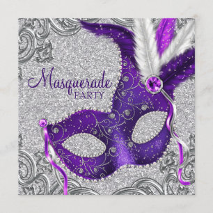 Invitation Fête Mascarade violet et rose argent
