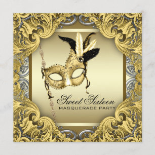 Invitation Fête Masquée Black Gold Silver Sweet Seize Ans