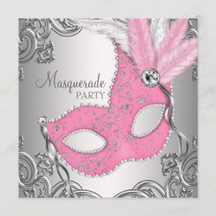 Invitation Fête Masquée Élégante Argent et Rose