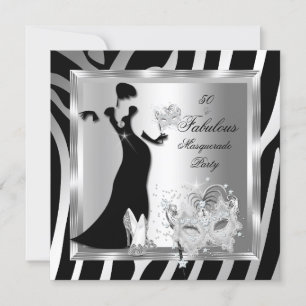 Invitation Fête masquée fabuleuse 50 Zèbre argent noir