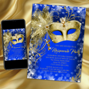 Invitation Fête masquée Fancy bleu royal et or pailleté