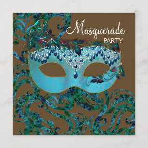 Invitation Fête masquée marron et bleu sarcelle