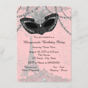 Invitation Fête masquée Parisienne rose et noire
