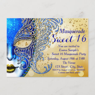 Invitation Fête masquée pour un Sweet 16 bleu royal et or