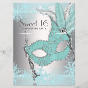 Invitation Fête Masquée Sweet 16 Flocon de Neige Bleu Turquoi