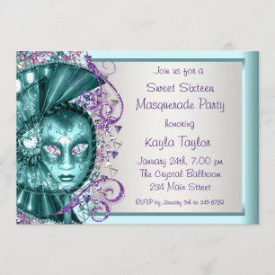 Invitation Fête Masquée Sweet Sixteen Bleu Turquoise Violet