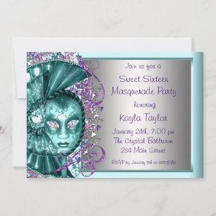 Invitation Fête Masquée Sweet Sixteen Bleu Turquoise Violet