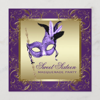 Invitation Fête masquée Sweet Sixteen or et violet
