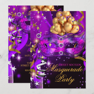 Invitation Fête Masquée Violette Or Noir pour les Douze Ans d
