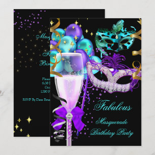 Invitation Fête Masquée Violette Turquoise et Noire Fabuleuse