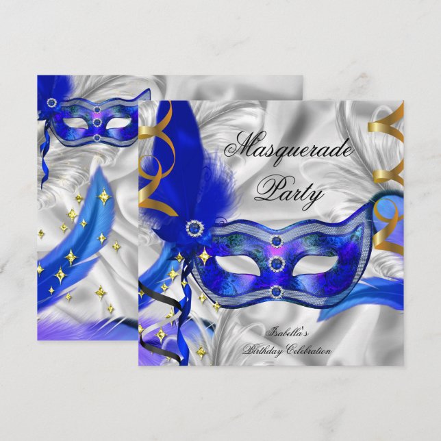 Invitation Fête Masquerade Anniversaire Fête Bleu Argent (Devant / Derrière)