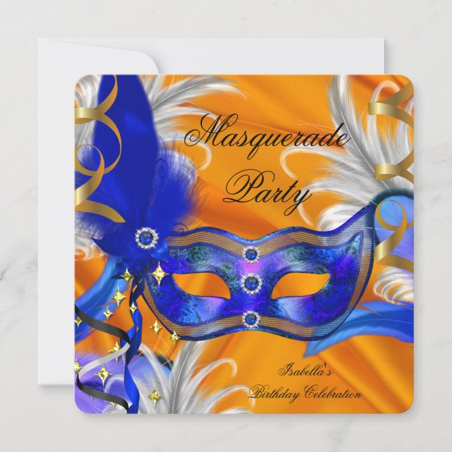 Invitation Fête Masquerade Anniversaire Fête Bleu Orange (Devant)