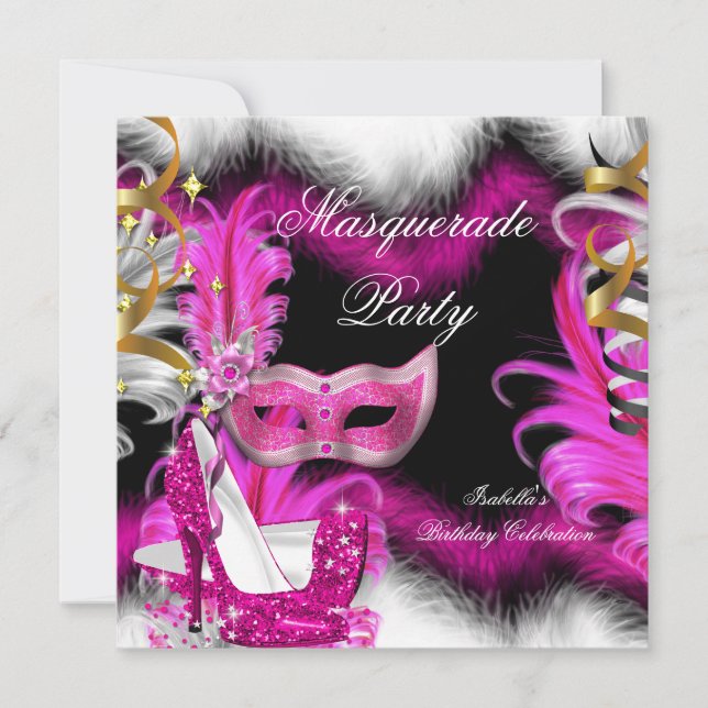 Invitation Fête Masquerade Anniversaire Rose Noir Blanc 2 (Devant)
