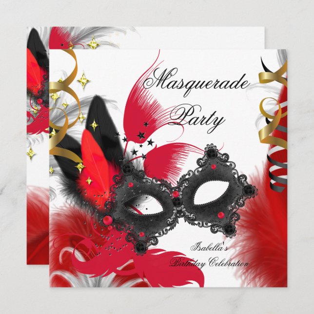 Invitation Fête Masquerade Anniversaire Rouge Masque Noir Bla (Devant / Derrière)