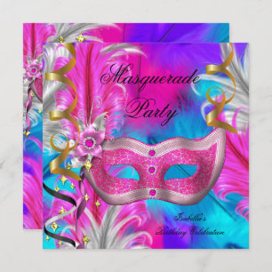 Invitation Fête Masquerade Anniversaire Turquoise violet rose